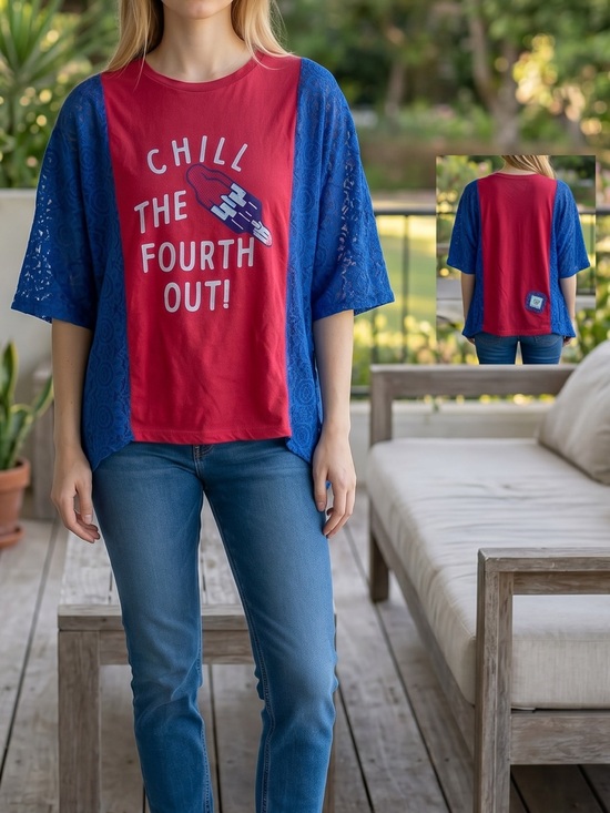 Tops - Upcycled Lily Jean Threads Chill The Fourth Out! Graphic with lace Kimono